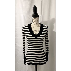 Lux Long Sleeve Black and White Striped V-Neck Sweater